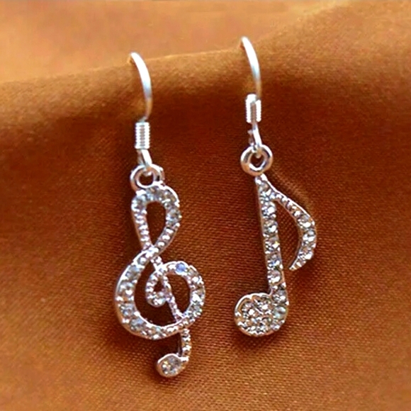 White Sapphire 925 Silver Music Notes Dangle Earrings Hook Backs - Picture 3 of 4